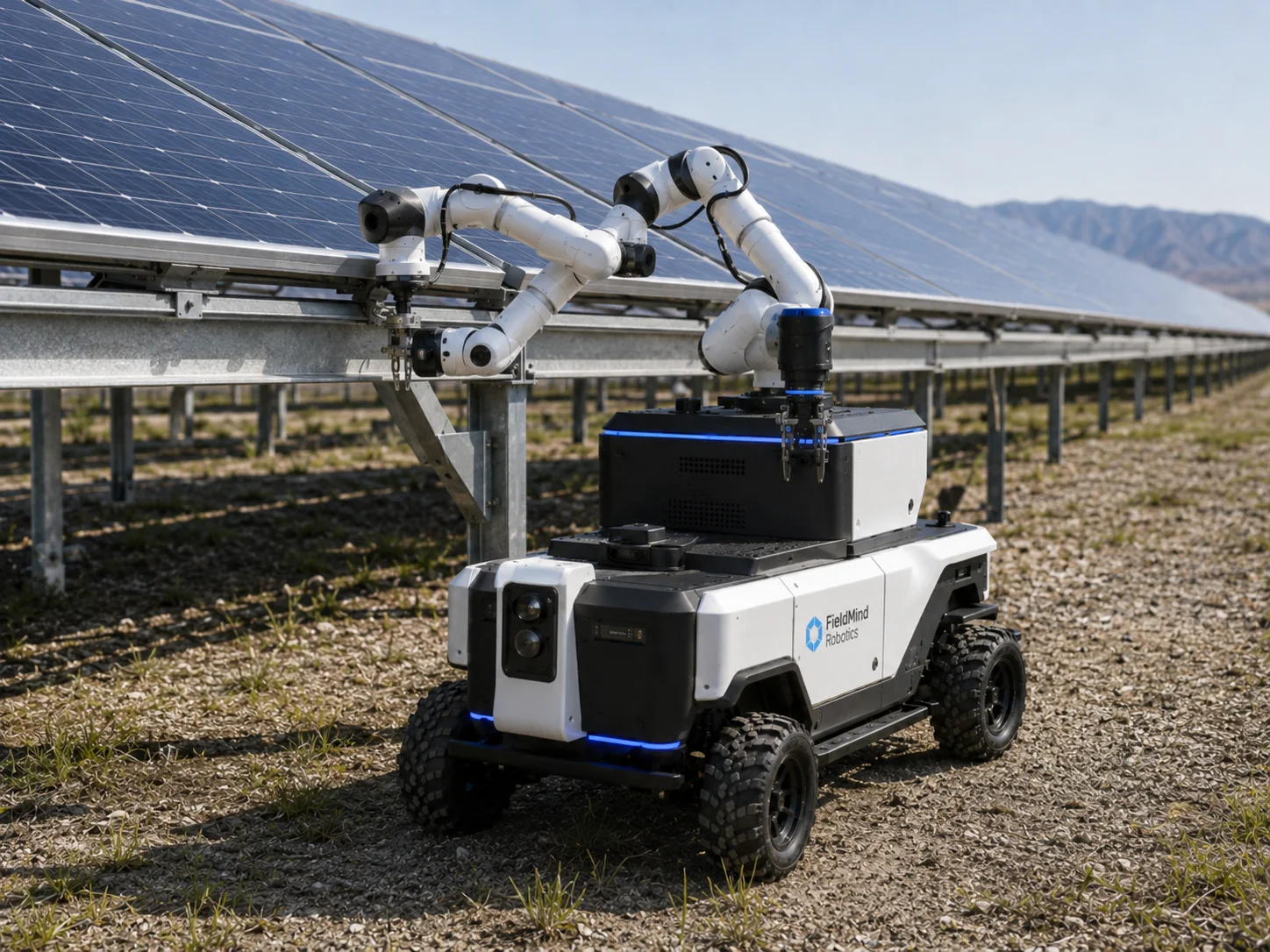 Concept visual of the FieldMind Build dual-arm mobile manipulation robot positioned beside a solar mounting rail.