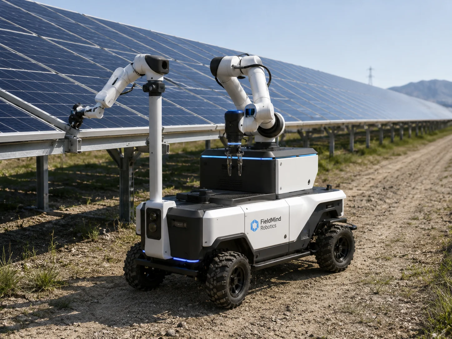 Concept visual of a FieldMind dual-arm robot supporting installation work on a solar mounting structure.