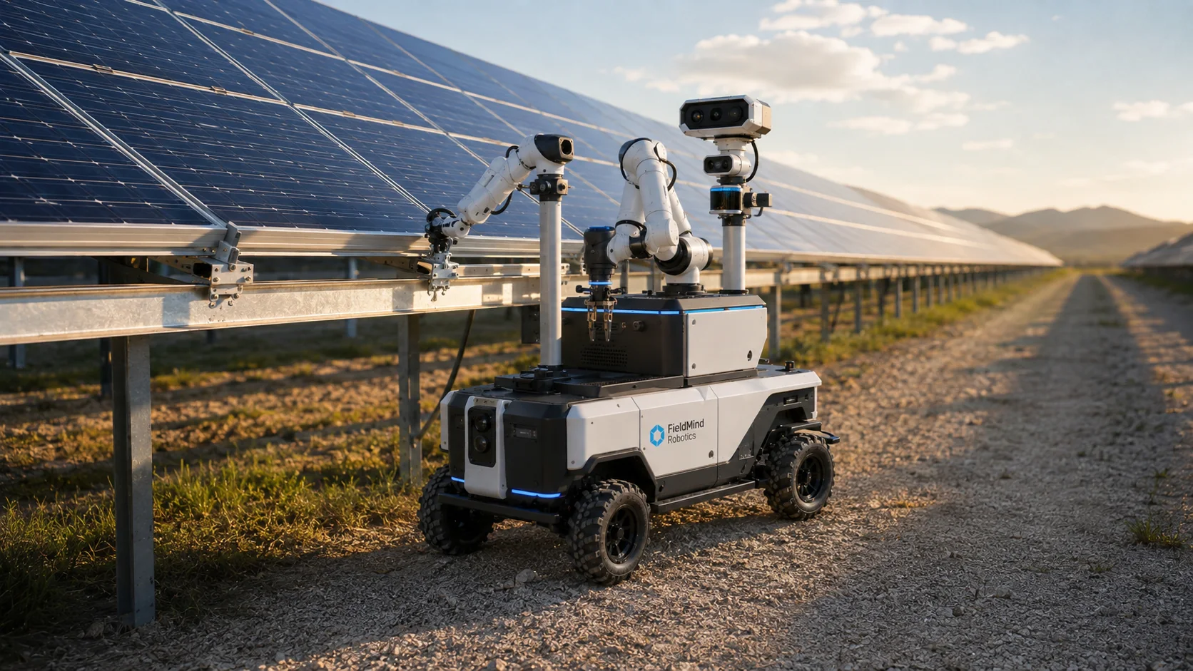 Concept visual of a dual-arm FieldMind robot performing a construction-support task beside a utility-scale solar array at sunset.