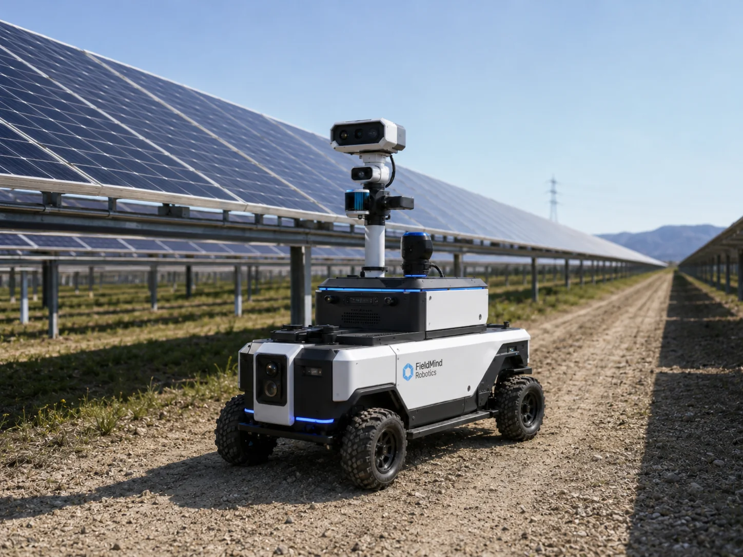 Concept visual of the FieldMind Inspect autonomous rover with a sensor mast travelling a solar row.