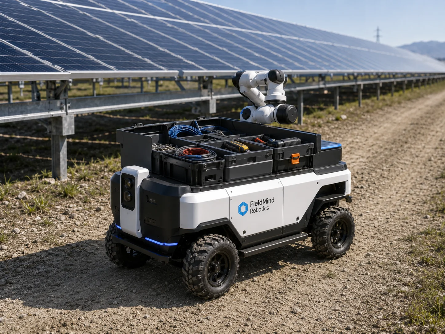 Concept visual of a FieldMind field logistics robot travelling a service lane between solar work fronts.