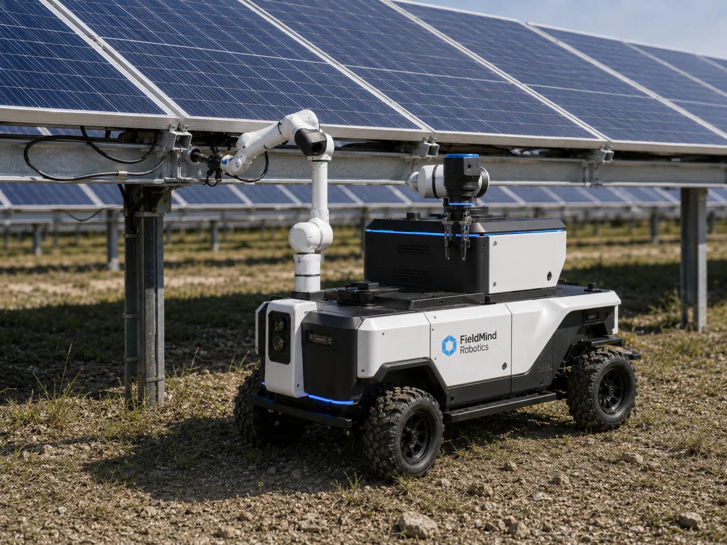 Concept visual of the FieldMind Maintain robot extending a manipulator toward cabling beneath a solar array.