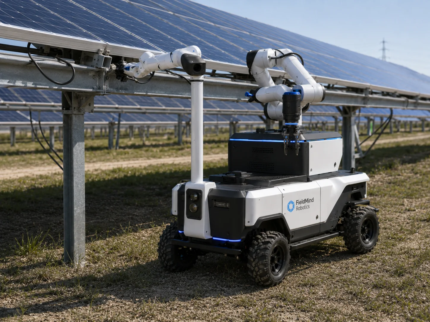 Concept visual of a FieldMind maintenance robot performing a targeted intervention on a solar row.