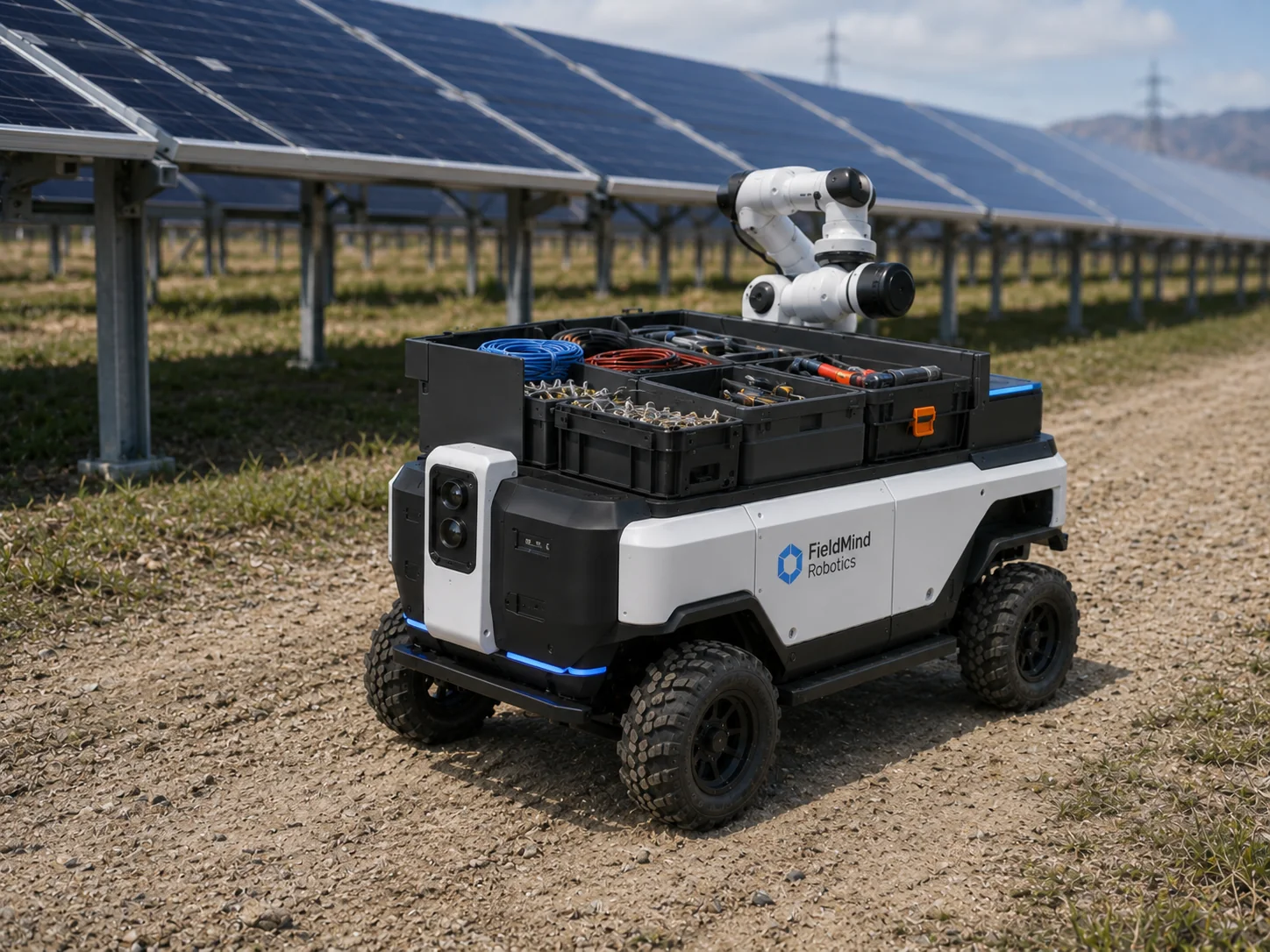 Concept visual of the FieldMind Move autonomous logistics robot carrying tools and components across a solar site.