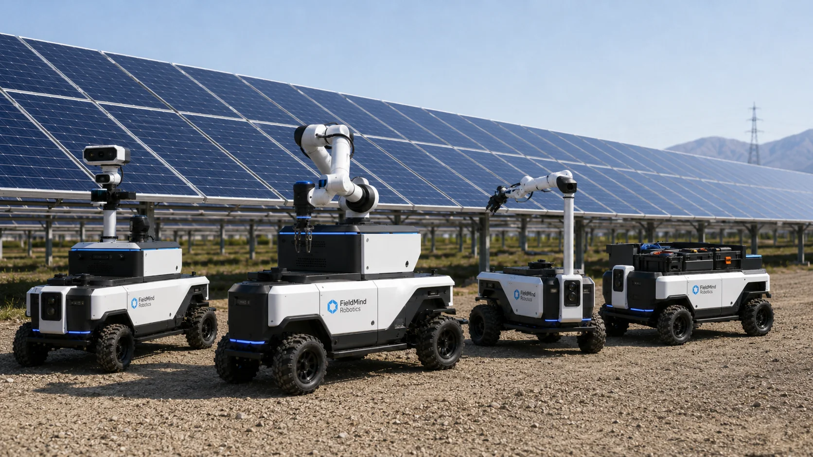 Concept visual of the four FieldMind robot configurations shown together, illustrating the shared mobile platform.